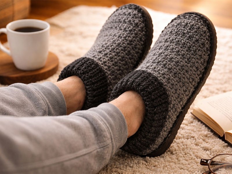Person wearing cozy gray crochet slippers while relaxing indoors with a book and coffee.