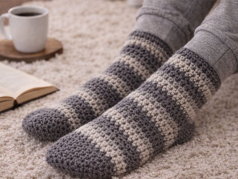 Person wearing striped crochet socks while relaxing indoors on a soft rug with a book and coffee nearby.