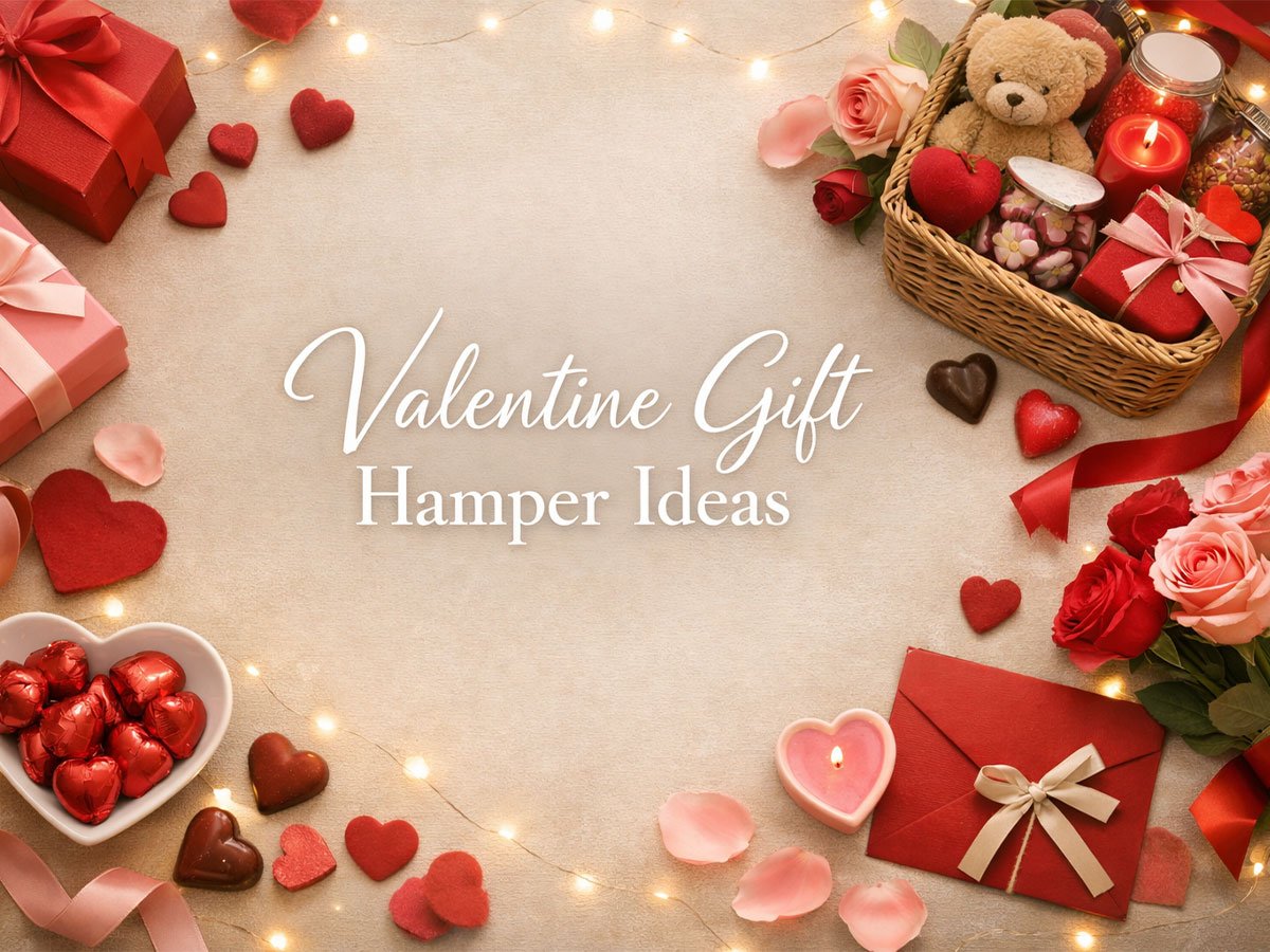 Valentine gift hamper flat lay with roses, chocolates, candles, gift boxes, and the text “Valentine Gift Hamper Ideas” on a soft beige background.