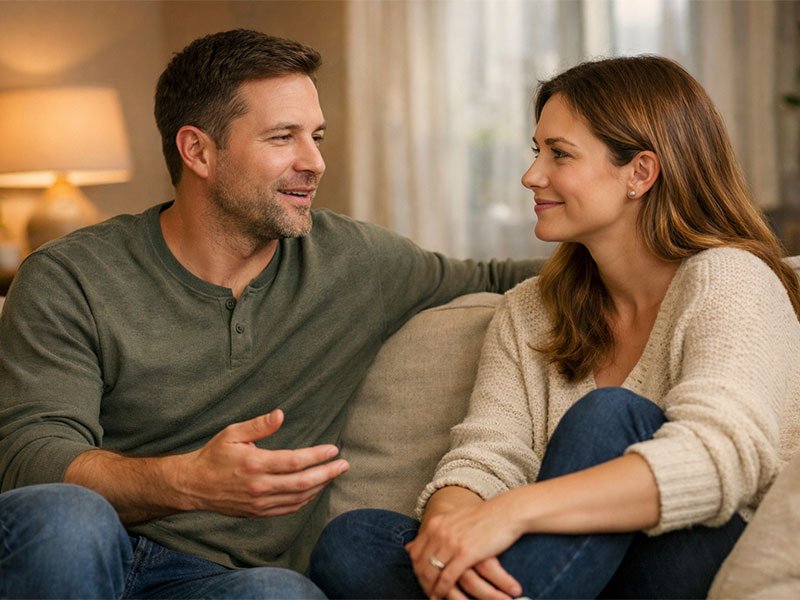 A couple sitting on a sofa, talking calmly and looking at each other with mutual respect and understanding.