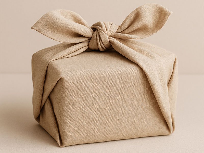 Fabric-wrapped gift using a soft neutral cloth tied in a neat knot, creating an elegant, reusable, and eco-friendly gift presentation.