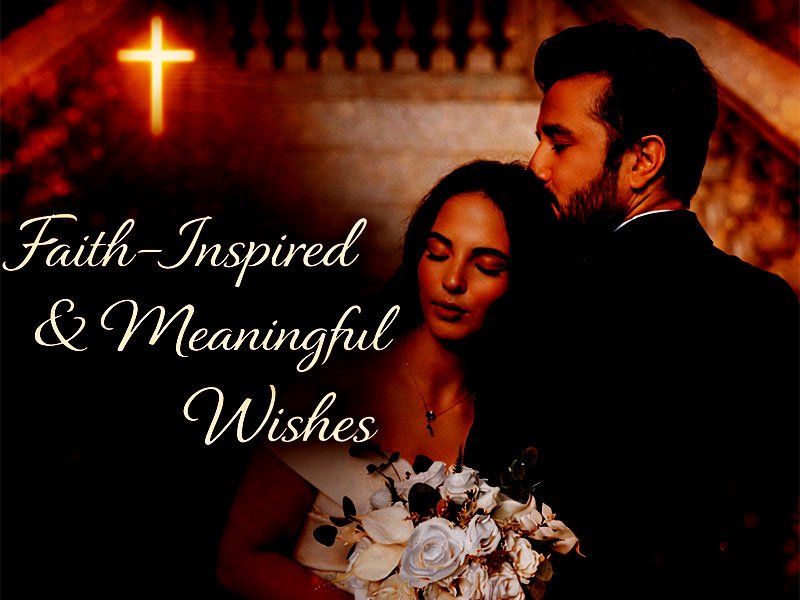 Faith-inspired and meaningful wishes text with a couple embracing in a church setting, holding a bouquet, and a glowing cross in the background.