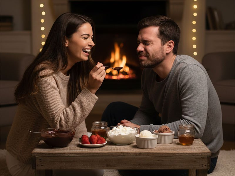 A couple laughing together while taste-testing desserts at a cozy table near a fireplace.