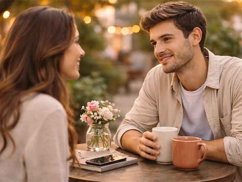 Couple talking at an outdoor cafe table with two mugs, a small flower vase, and a phone on the table.