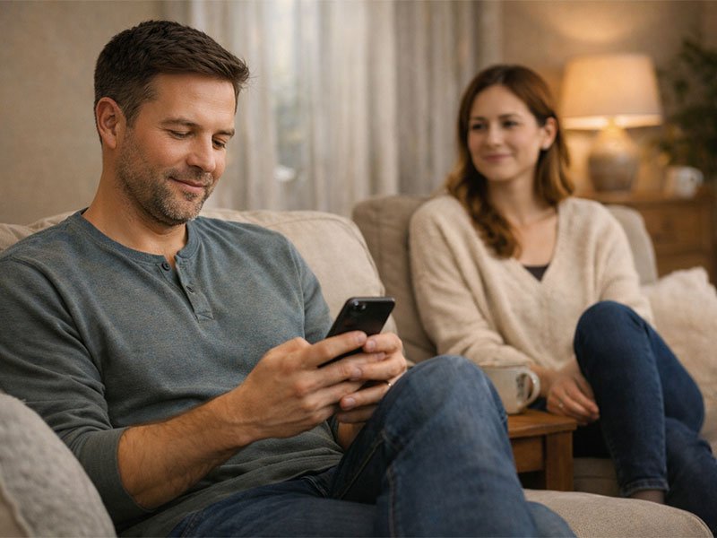 A man sitting on a sofa using his phone while a woman nearby watches calmly, showing trust, space, and emotional balance.