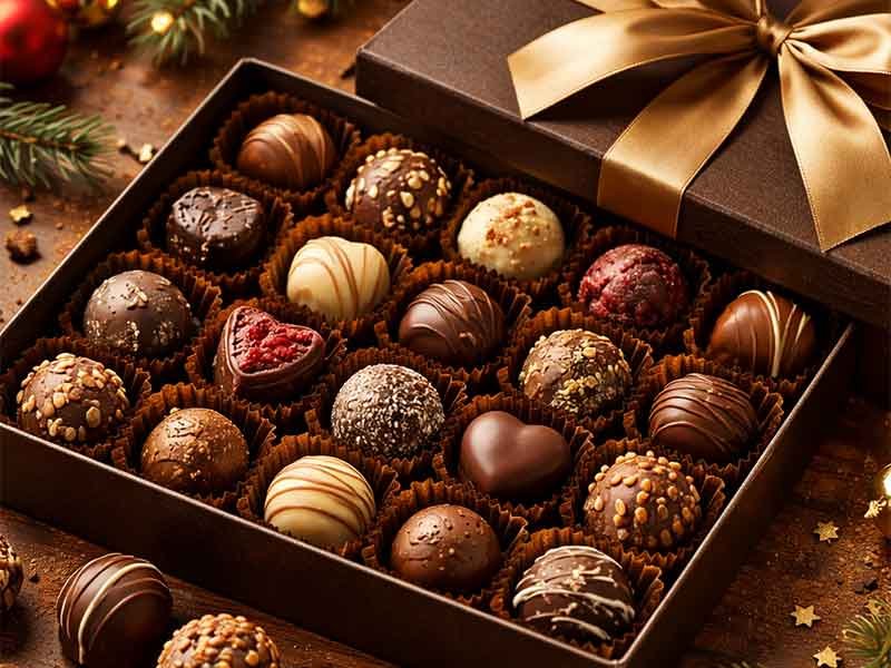 Open gift box filled with assorted chocolate truffles, with a gold ribbon on the lid nearby.