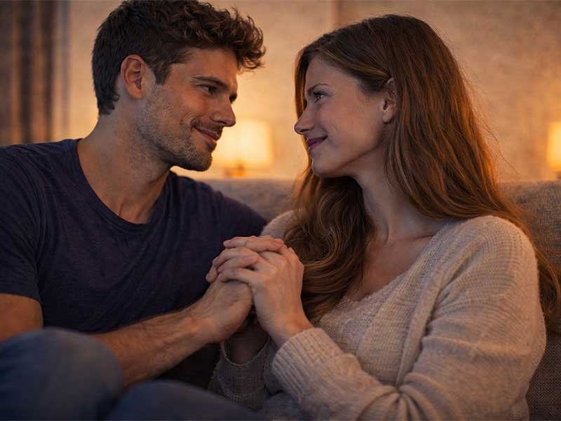 A couple sits close on a couch, holding hands and smiling at each other, showing mutual respect and emotional connection.