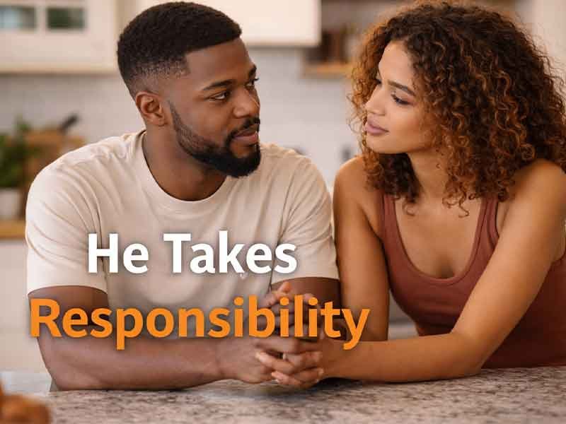 A couple sitting at a kitchen counter, gazing at each other with the text "He Takes Responsibility" overlaid.