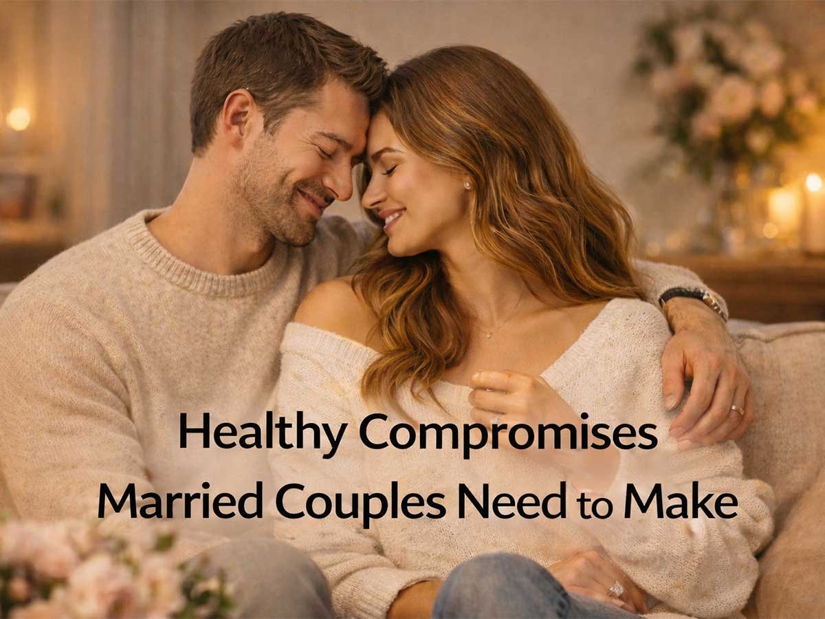 Smiling married couple sitting close together on a couch, sharing a warm, loving moment, with text about healthy compromises in marriage.