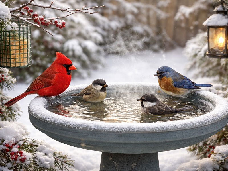 Heated bird bath in a snowy backyard with steam rising as colorful birds drink and bathe.