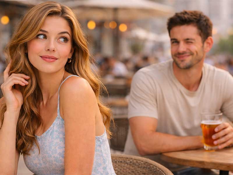 A woman sitting at an outdoor café while a man in the background smiles and winks at her.