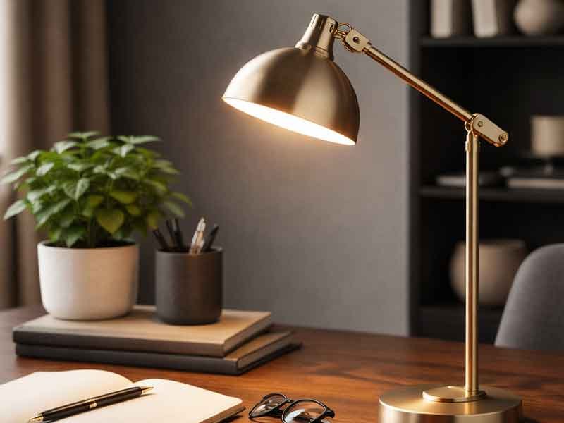 Cozy office desk with a gold desk lamp, a small plant, notebooks, and a pen holder.