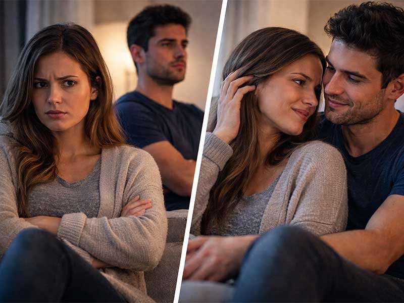 Split image of a couple—on one side the woman looks upset and distant, and on the other side the couple is smiling and affectionate.