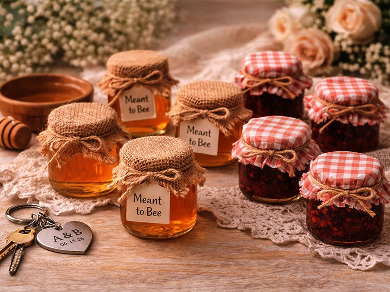 Mini honey and jam jars with rustic fabric lids and tags, arranged as sweet and charming wedding guest favors on a wooden table.