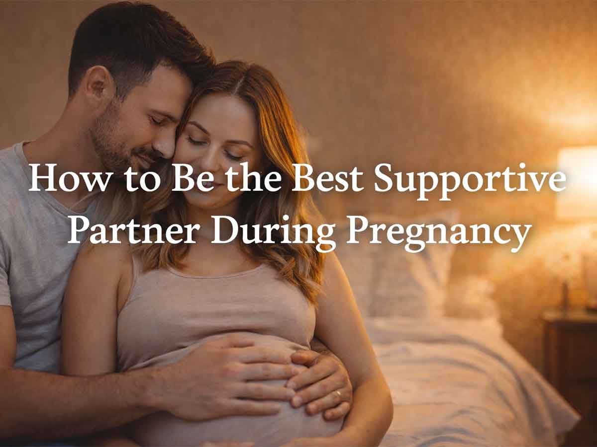 A loving couple sharing a tender moment during pregnancy, with the partner supporting and embracing the woman.