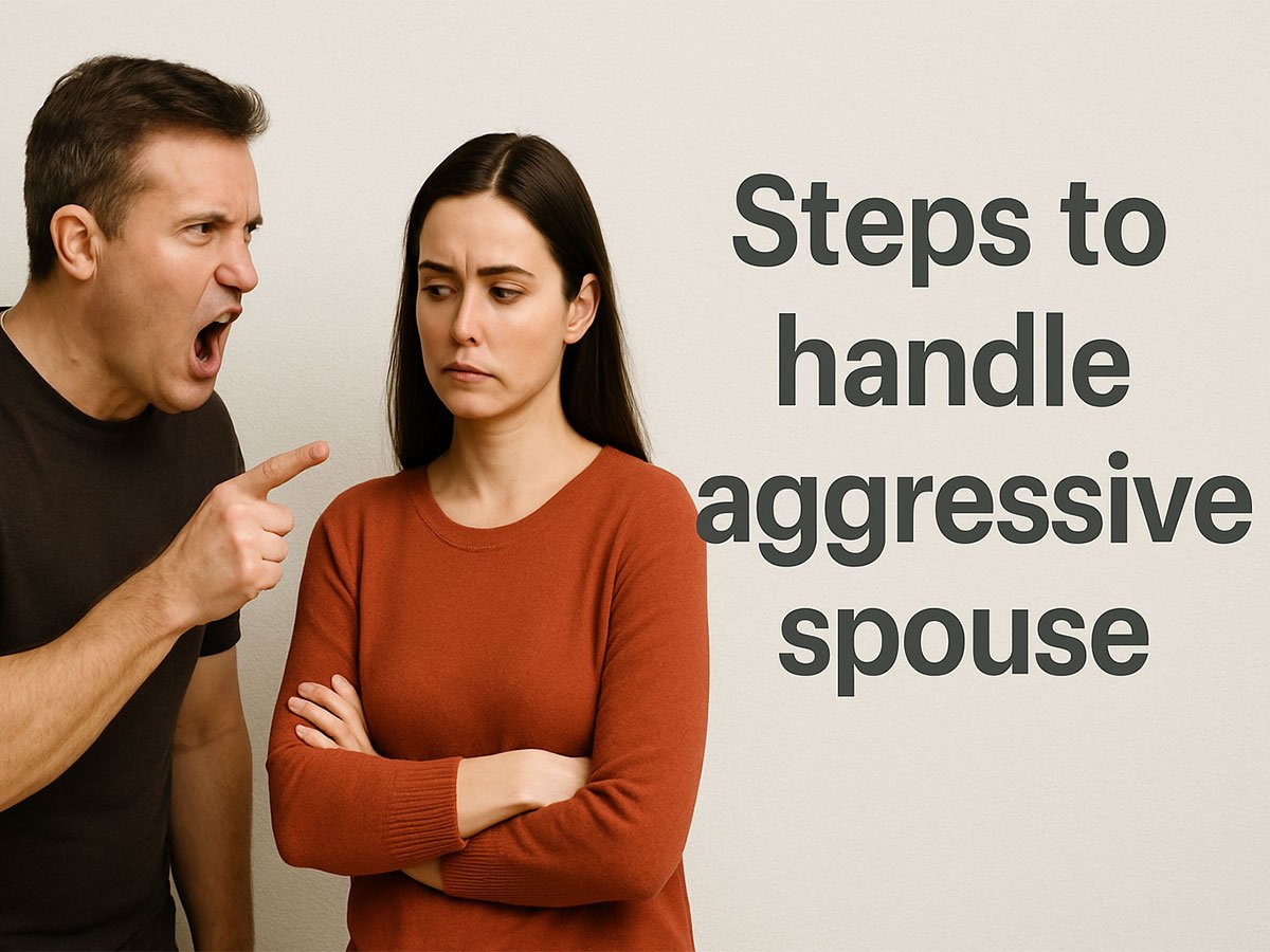 A man angrily pointing and shouting while a woman stands with crossed arms, looking distressed, beside the text “Steps to handle aggressive spouse.”