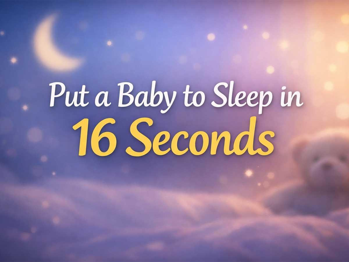 The image shows the text "Put a Baby to Sleep in 16 Seconds" against a soft, dreamy background with a crescent moon, bokeh lights, and a teddy bear.