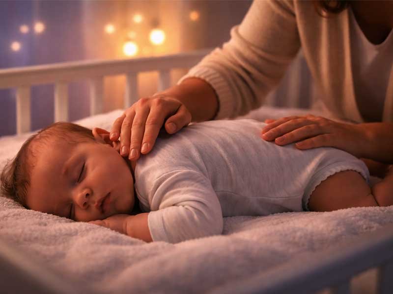 The image shows a mother gently patting her baby to sleep in a crib, with a soft, serene background filled with bokeh lights.