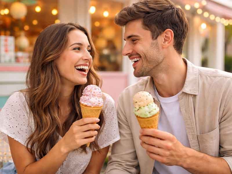 Smiling couple laughing together while holding ice cream cones outside a shop.