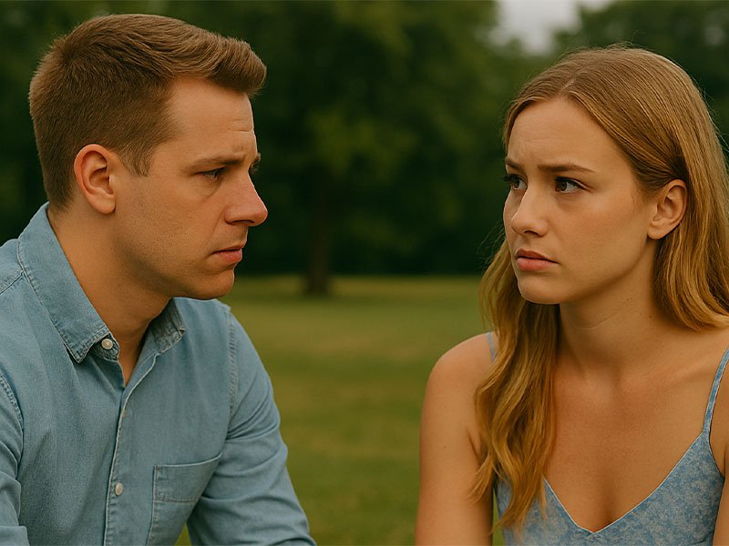 A couple sitting outdoors in a park, facing each other with concerned expressions during a serious relationship conversation.
