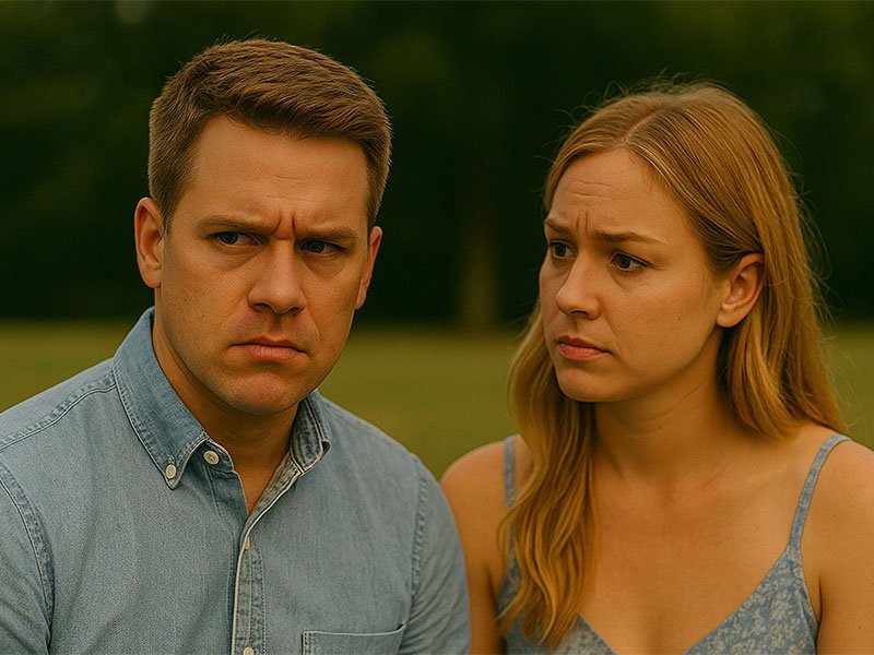 Couple standing outdoors with tense expressions, showing emotional distance and unspoken expectations during a serious relationship moment.