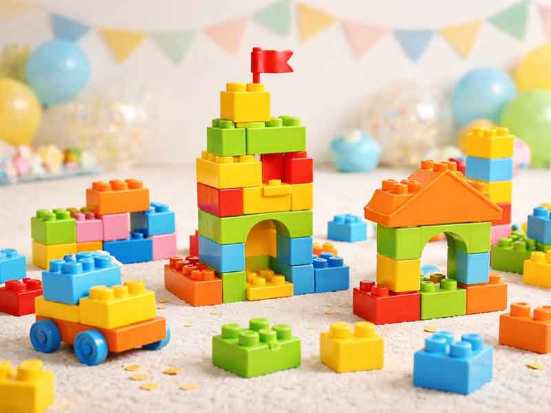 Colorful toddler building blocks arranged into small towers and houses on a playroom floor.