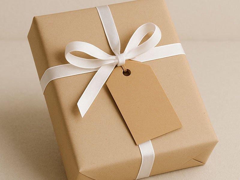 Layered gift wrapping with brown kraft paper, a white ribbon bow, and a simple blank tag for a clean, elegant presentation.