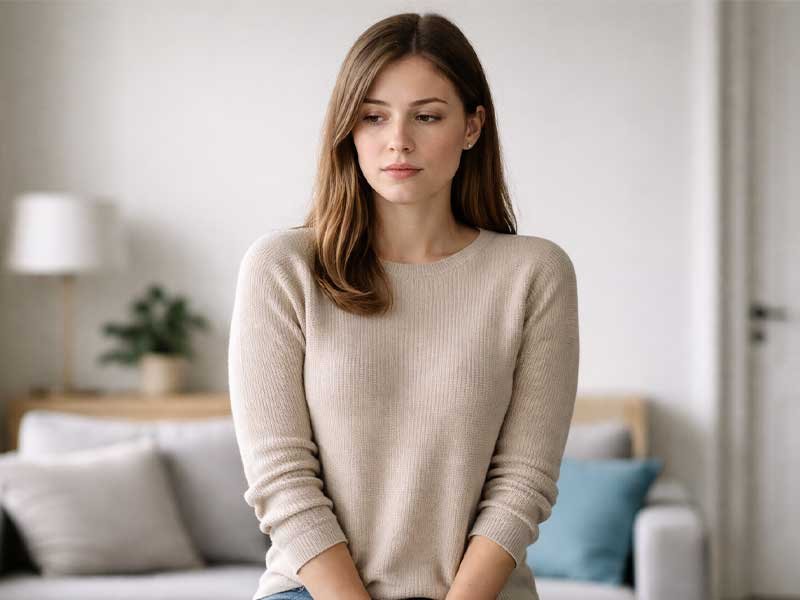 Woman sitting quietly with a tense, reserved posture in a living room, looking down and away.