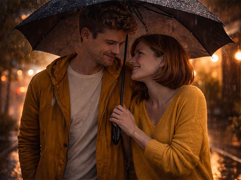 Couple standing close under an umbrella in the rain, smiling at each other on a city street at night.