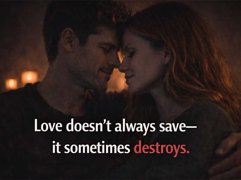 Close-up of a couple touching foreheads in a dim room with the quote, “Love doesn’t always save—it sometimes destroys.”