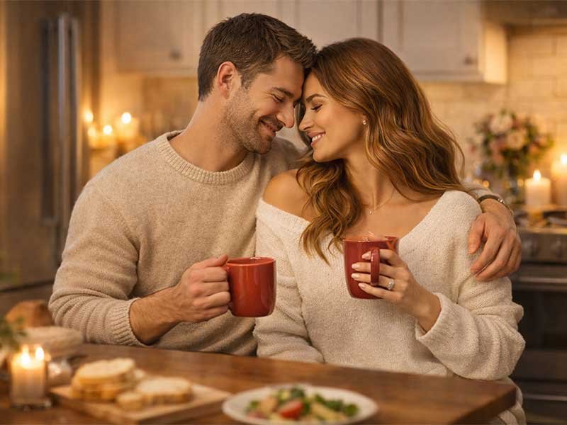 Couple in a warm kitchen holding mugs, sitting close and smiling while sharing a quiet moment together.