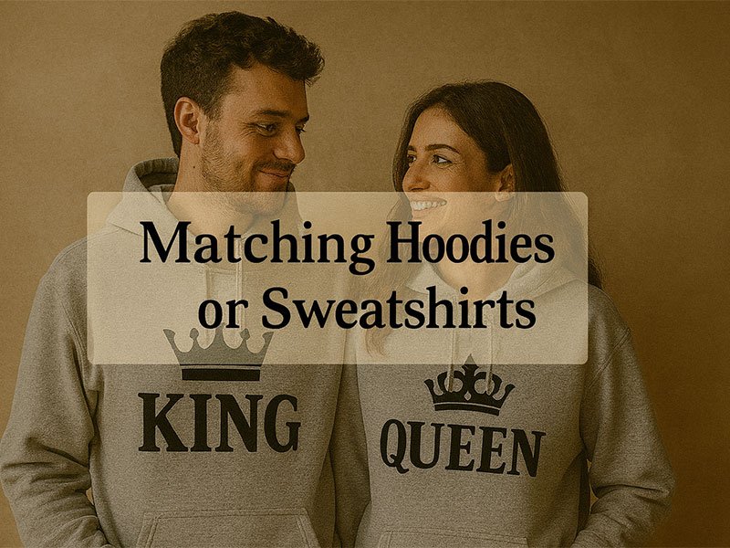 Couple wearing matching hoodies with “King” and “Queen” designs, smiling at each other in a cozy, casual setting.