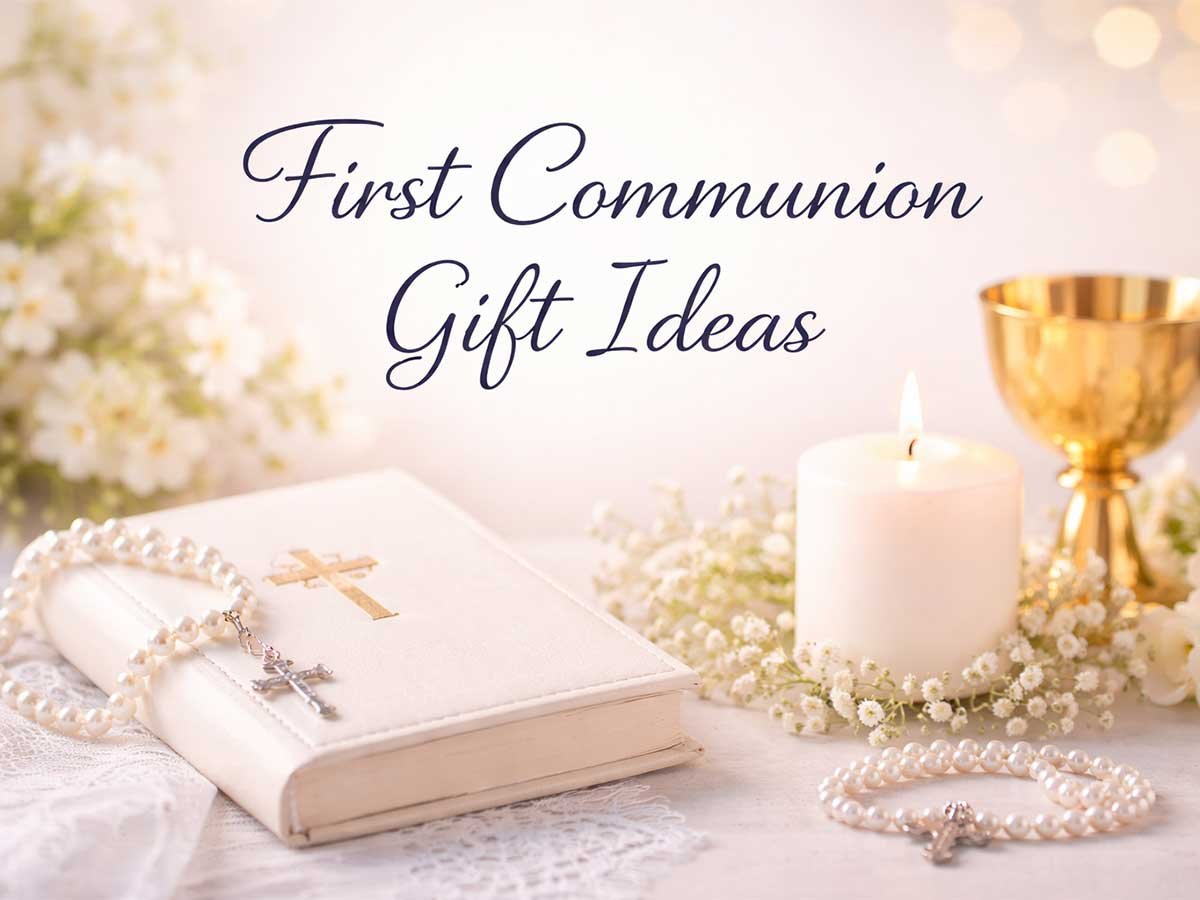 First Communion gift setup with a Bible, rosary beads, candle, and chalice on a soft white background.