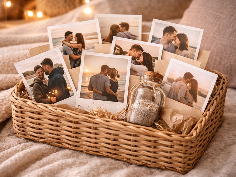 Memory lane photo hamper with printed couple photos, small notes, and a keepsake arranged in a wicker basket.