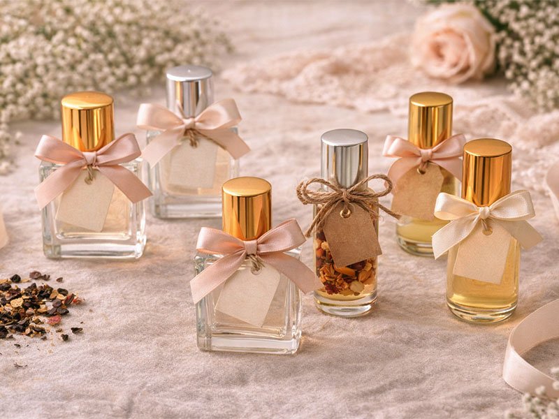 Mini perfume bottles with ribbons and tags, arranged as elegant and luxurious wedding guest favors on a soft neutral background.