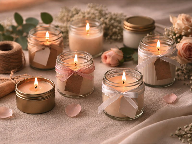 Mini scented candles in glass jars with ribbons and tags, arranged as elegant wedding guest favors on a soft neutral surface.