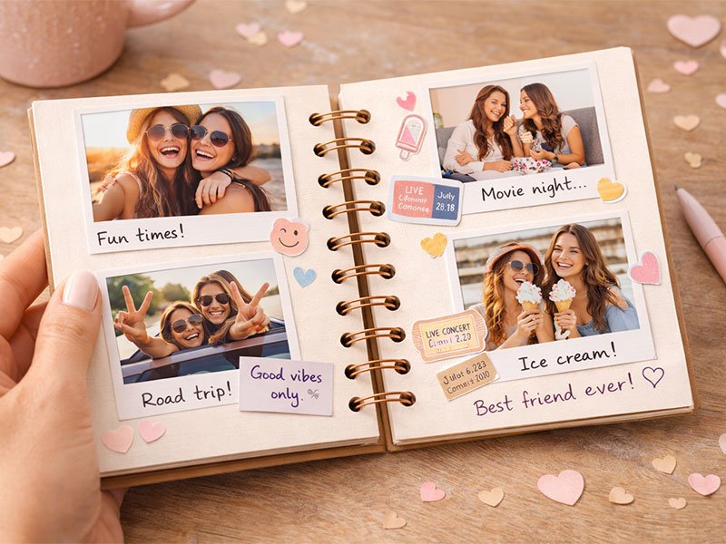 "Scrapbook showing fun moments with friends, including photos from a road trip, movie night, and ice cream outing, decorated with stickers and notes like 'Best friend ever!' and 'Good vibes only.'"