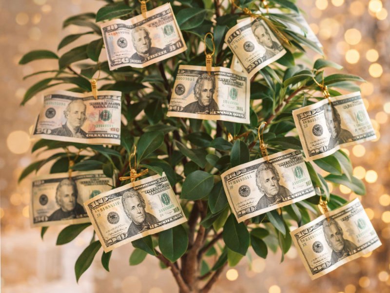 Money tree decorated with US dollar bills clipped to green branches, creating a creative cash gift display.