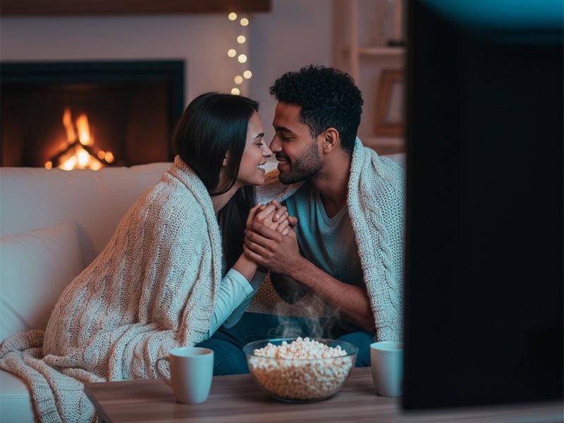 A couple cuddled under a blanket during movie night, leaning in with smiles while holding hands near popcorn and a fireplace.