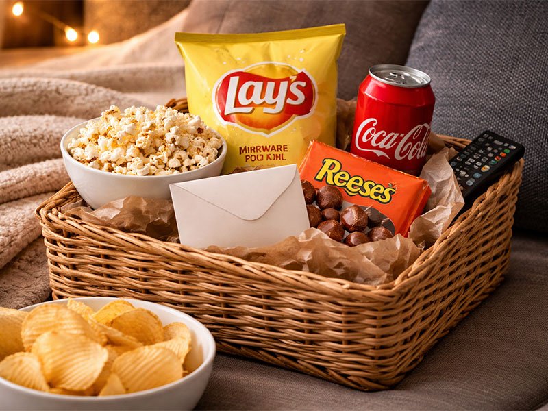 Movie night gift hamper with popcorn, chips, chocolates, soda, and a note basket placed on a cozy couch.