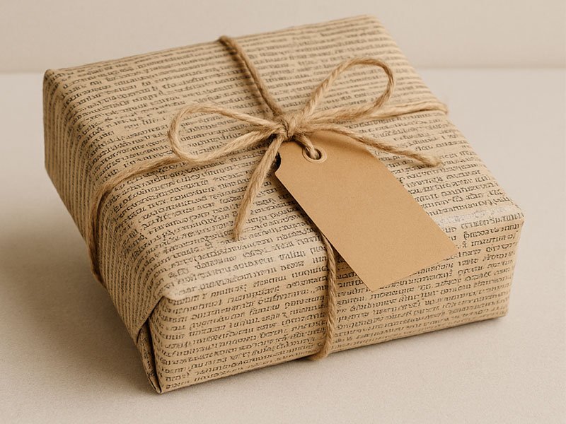 Gift wrapped in vintage book or newspaper pages, tied with natural twine and a simple kraft tag for a rustic, elegant look.