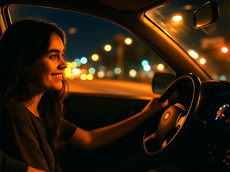 Woman smiling while driving at night with city lights glowing outside the car, creating a calm and cozy nighttime drive mood.