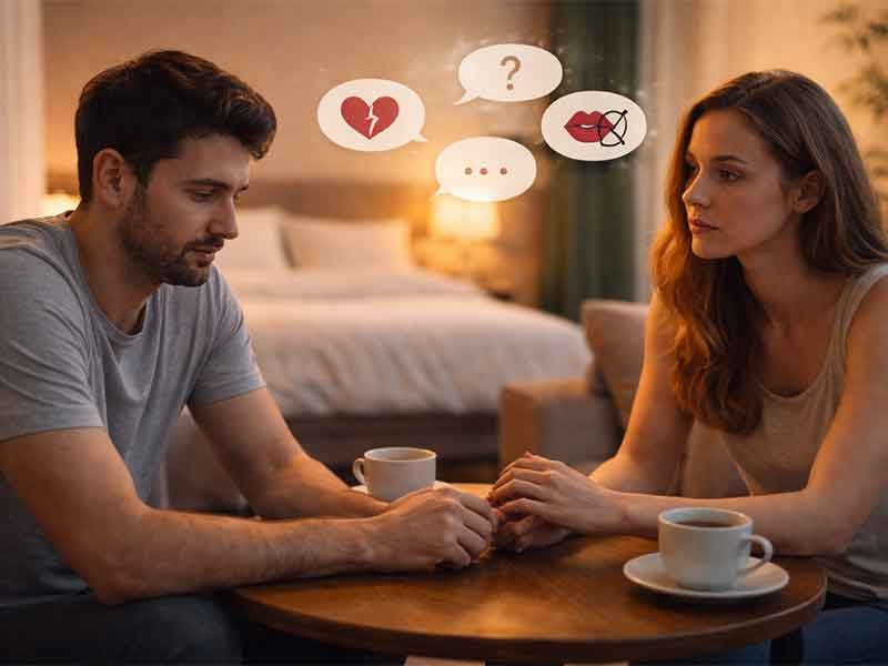 "Couple sitting at a table with coffee, looking concerned, with thought bubbles showing symbols of heartache, uncertainty, and silence."