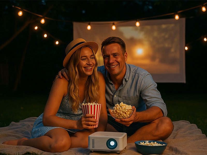Couple sitting on a blanket during an outdoor movie night, holding popcorn and smiling under string lights with a projector behind them.