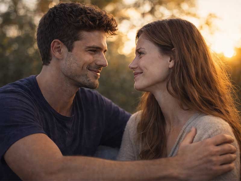 A couple sits outdoors at sunset, smiling and looking into each other’s eyes in a warm, supportive moment.