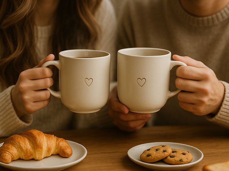 Couple holding matching personalized mugs with heart designs, enjoying a cozy breakfast with coffee, croissant, and cookies.