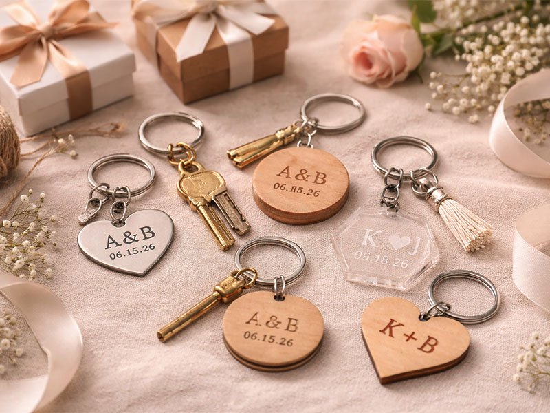 Personalized wedding keychains with initials and dates, displayed as elegant and practical wedding guest favors on a soft neutral background.
