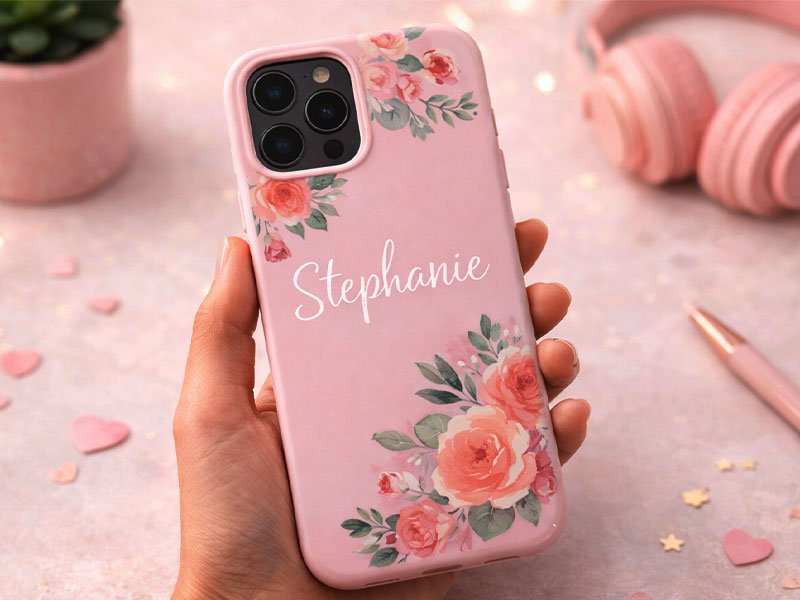 "Personalized pink floral phone case with the name 'Stephanie,' surrounded by soft pastel decorations like hearts and a plant."