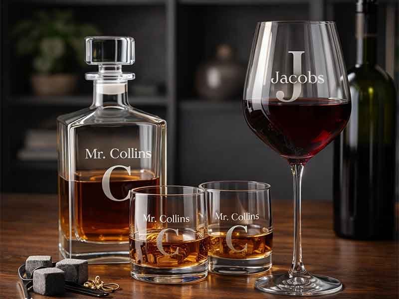 Personalized glass decanter set with matching engraved whiskey glasses and a wine glass on a table.