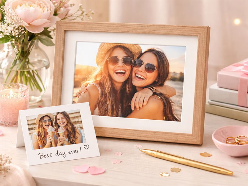 "Framed photo of two friends laughing together with a 'Best day ever!' note, surrounded by a vase of flowers, a candle, and gift boxes."